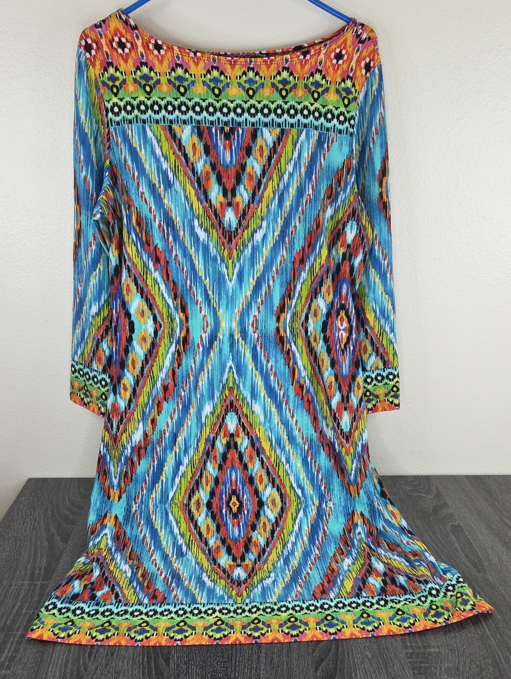PECK&PECK Vibrant Blue Multi-Pattern Women’s XL Knit Stretch DRESS EUC